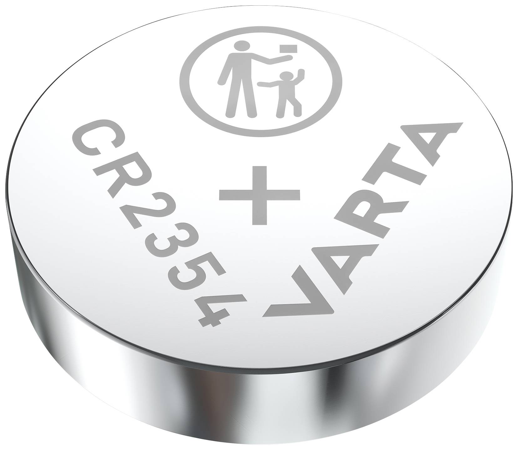 Silberne Knopfzelle mit Aufschrift 'CR2354' und 'VARTA'. Piktogramm eines kreisförmigen Symbols zeigt einen Erwachsenen und ein Kind.