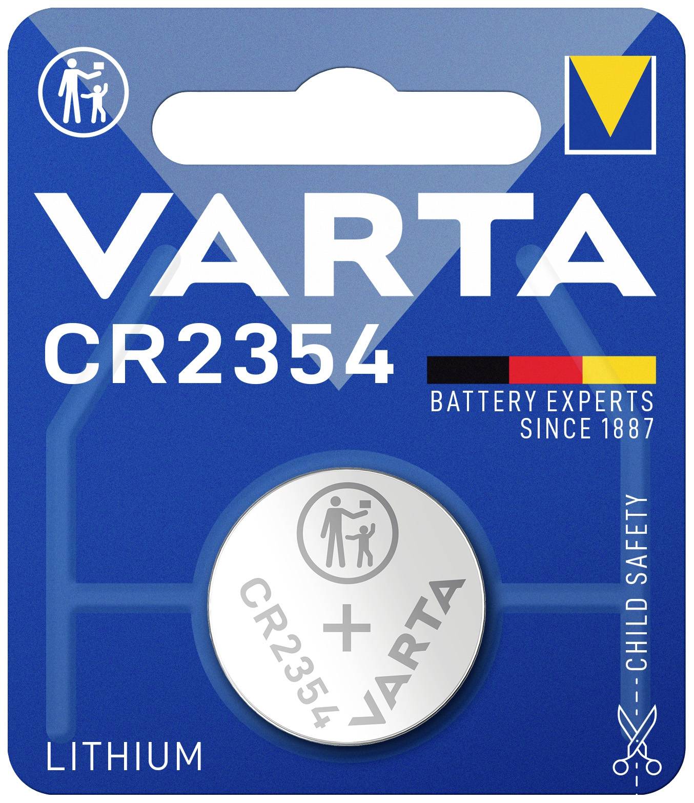 Batterie der Marke Varta, Typ CR2354, Lithium-Knopfzelle. Verpackung betont Kindersicherheit und hebt Expertenwissen seit 1887 hervor.
