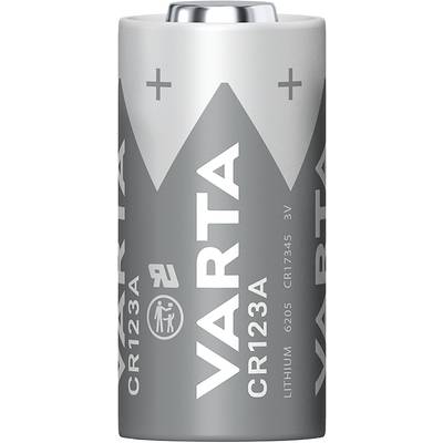 Graue Lithium-Batterie der Marke 'VARTA' mit der Bezeichnung CR123A, Spannung 3V.