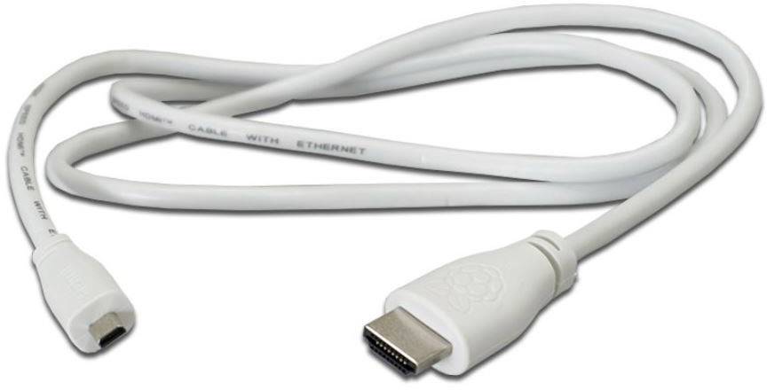 Ein weißes HDMI-Kabel, ein Ende mit einem Standardstecker, das andere mit einem Micro-HDMI-Stecker. Ideal zum Verbinden von Geräten.