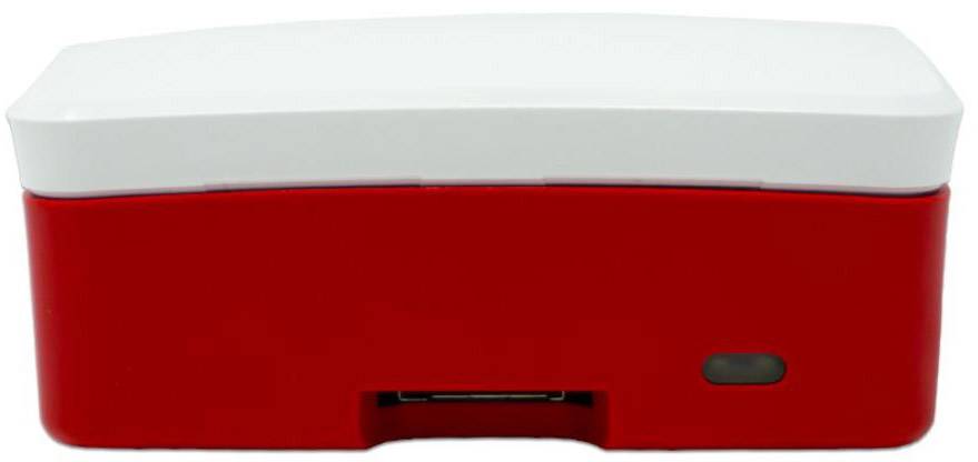 Roter und weißer elektronischer Haushaltshygienespender mit ovalem Knopf, geeignet für Küche oder Bad.