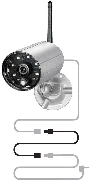 Eine silberne Überwachungskamera mit Antenne, montiert an einer Wandhalterung. Kabel führen von der Kamera zu einem Stecker.