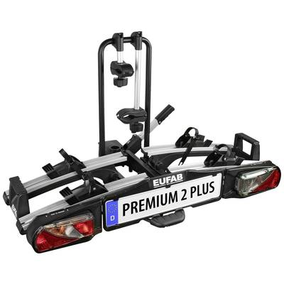 Ein Fahrradträger für zwei Fahrräder, montiert auf einer Anhängerkupplung. Modell: Eufab Premium 2 Plus, mit Rücklichtern und Kennzeichenhalterung.
