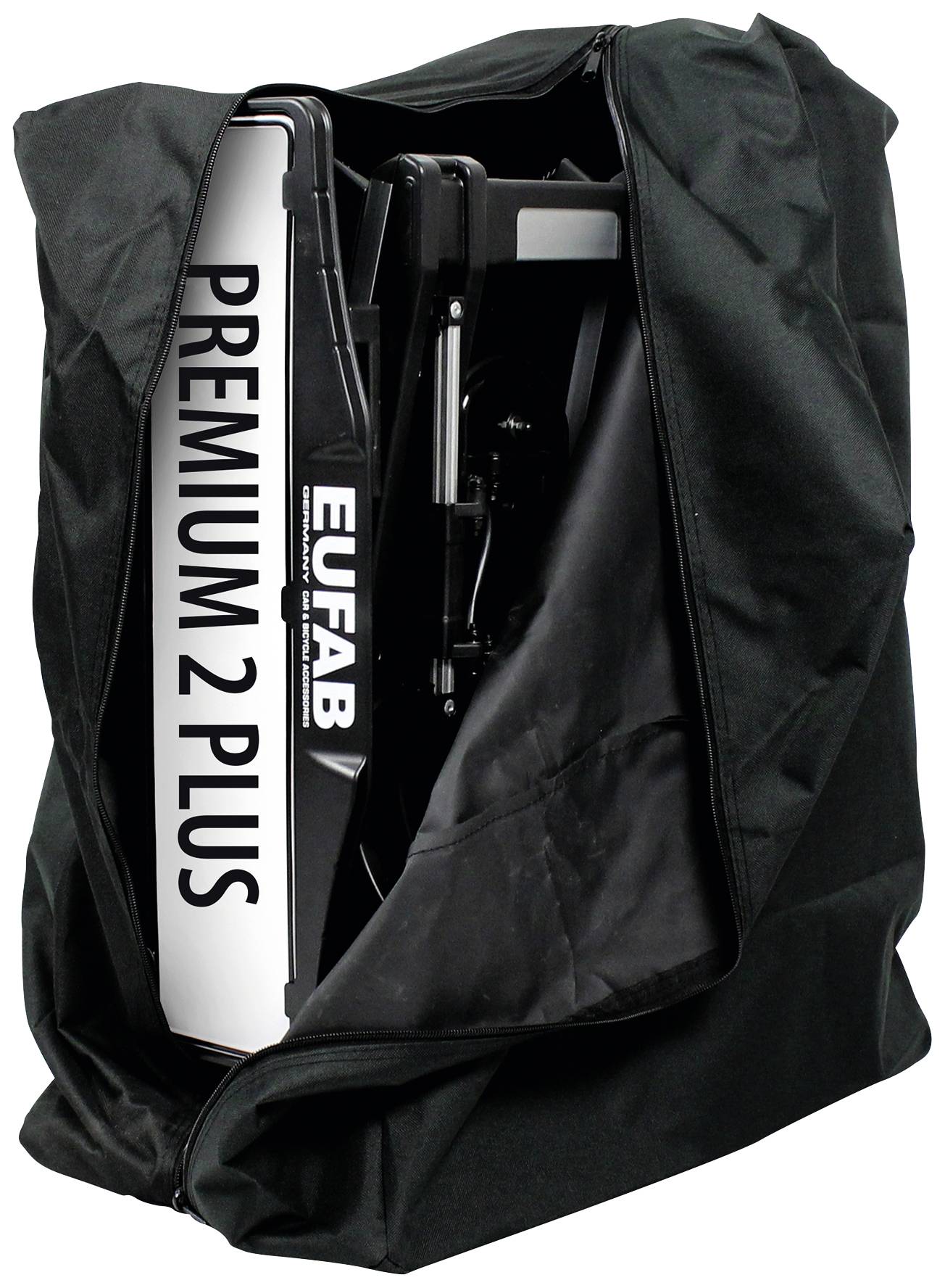 Ein zusammengeklappter Fahrradträger 'Eufab Premium 2 Plus' ist in einer Schutzabdeckung verpackt.