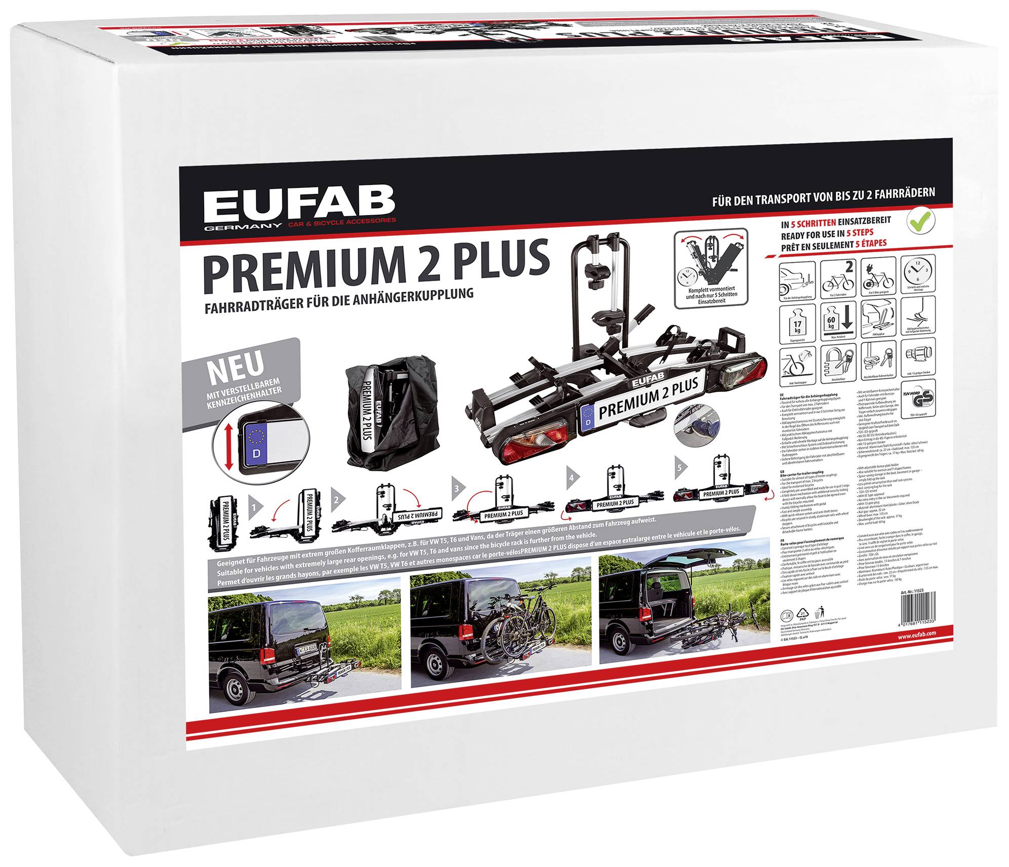 Verpackung des 'Eufab Premium 2 Plus' Fahrradträgers für Anhängerkupplungen, zeigt Bilder des Produkts und technische Details.