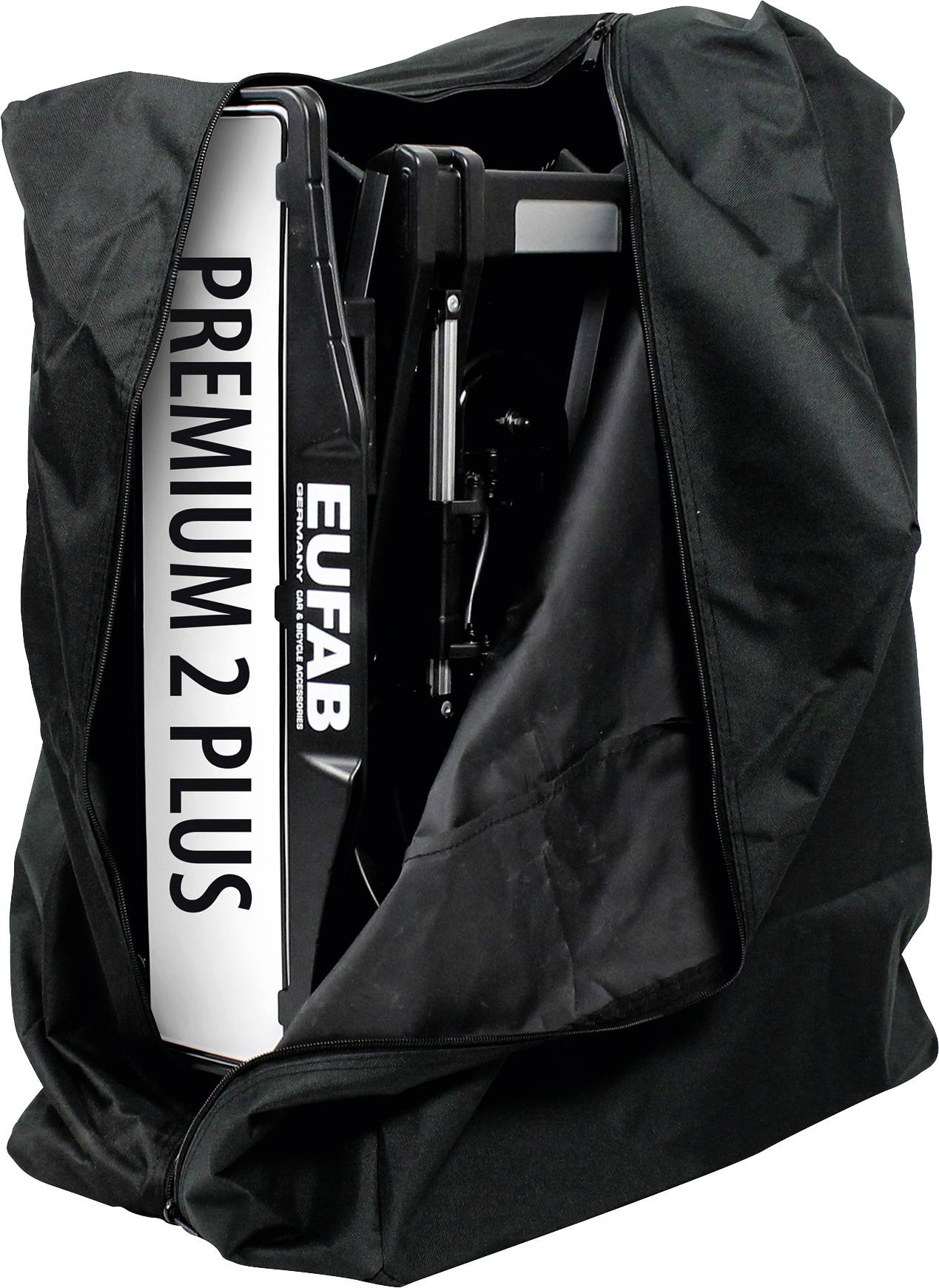 Fahrradträger 'Premium 2 Plus' von EUFAB in schwarzer Tasche, teilweise geöffnet, enthüllt Trägerstruktur.