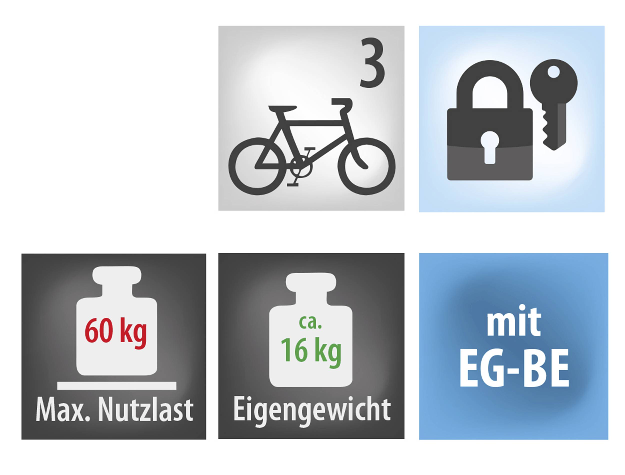 Ein Fahrradsymbol mit der Zahl 3 und einem Schloss mit Schlüssel. Maximale Nutzlast 60 kg, Eigengewicht ca. 16 kg, mit EG-BE.