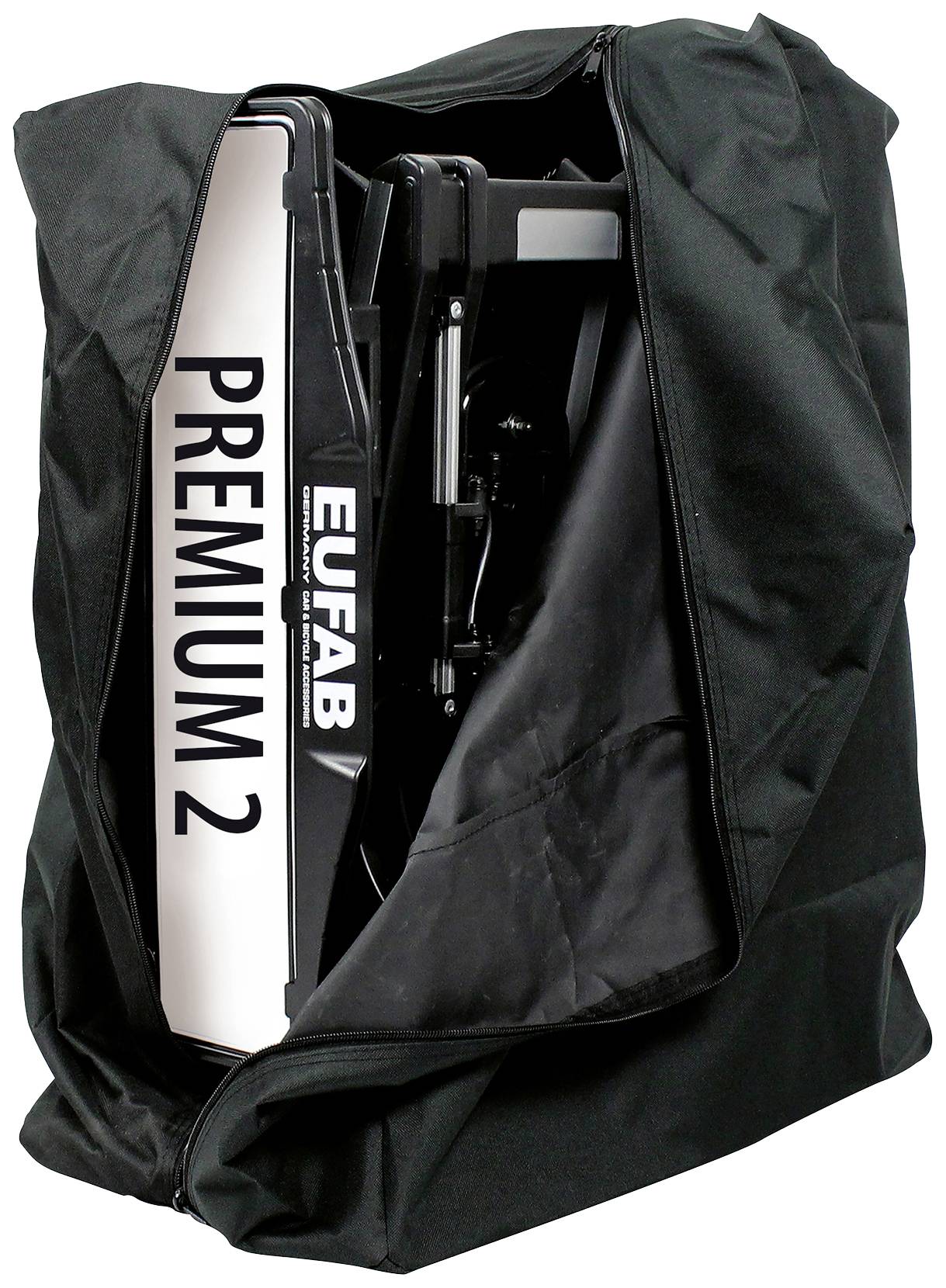Ein zusammengeklappter Fahrradträger der Marke 'EUFAB Premium 2' ist in einer teilweise geöffneten schwarzen Tasche sichtbar.