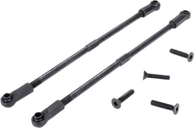 Zwei schwarze Metallstangen mit Gelenken, begleitet von vier schwarzen Schrauben. Ersatzteile für ein mechanisches Gerät.