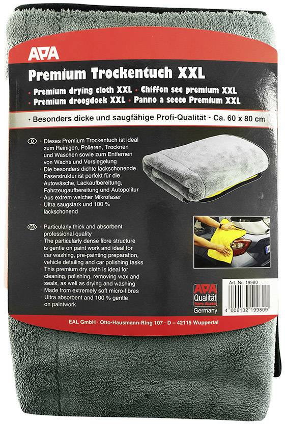 Verpackung eines XXL Trockentuchs mit Text in mehreren Sprachen. Zeigt Anwendungsbild mit Auto, betont saugfähige Profi-Qualität.