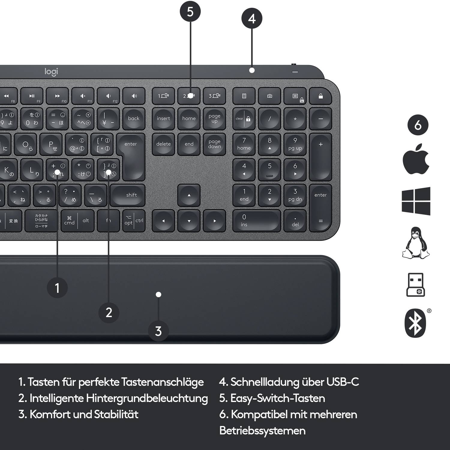 Logitech MX Keys Plus Bluetooth® Tastatur Deutsch, QWERTZ Graphit Beleuchtet, Ergonomisch, Multipair-Funktion-8