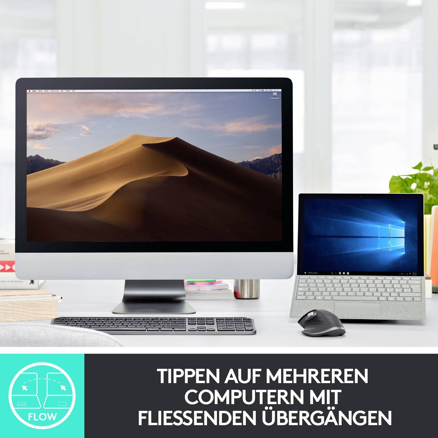 Zwei Computer nebeneinander: links ein Desktop mit Wüstenbildschirm, rechts ein Laptop mit blauem Display. Text: 'Tippen auf mehreren Computern mit fließenden Übergängen.'