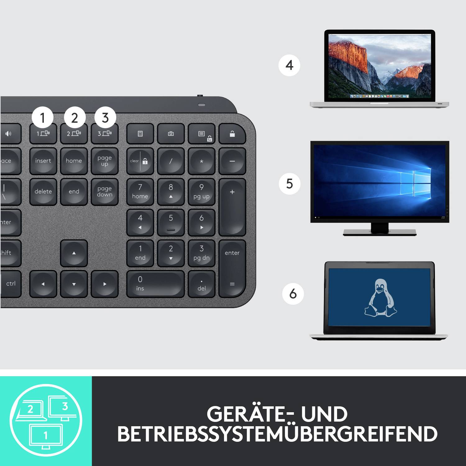 Eine Tastatur mit Tasten für Mac, Windows und Linux, daneben je ein Laptop oder Monitor mit den Betriebssystemen macOS, Windows und Linux. Text: 'Geräte- und betriebssystemübergreifend'.