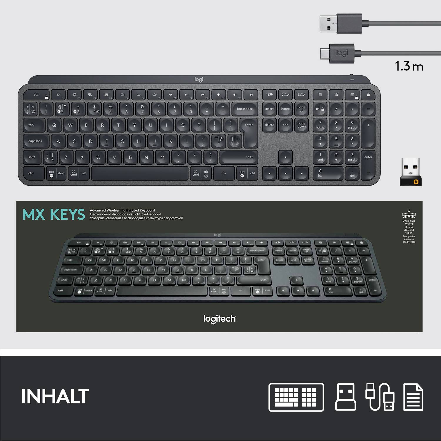 'Logitech MX Keys' kabellose Tastatur mit abnehmbaren USB-C- und USB-Wireless-Empfänger. Enthält eine variable Beleuchtungstaste.