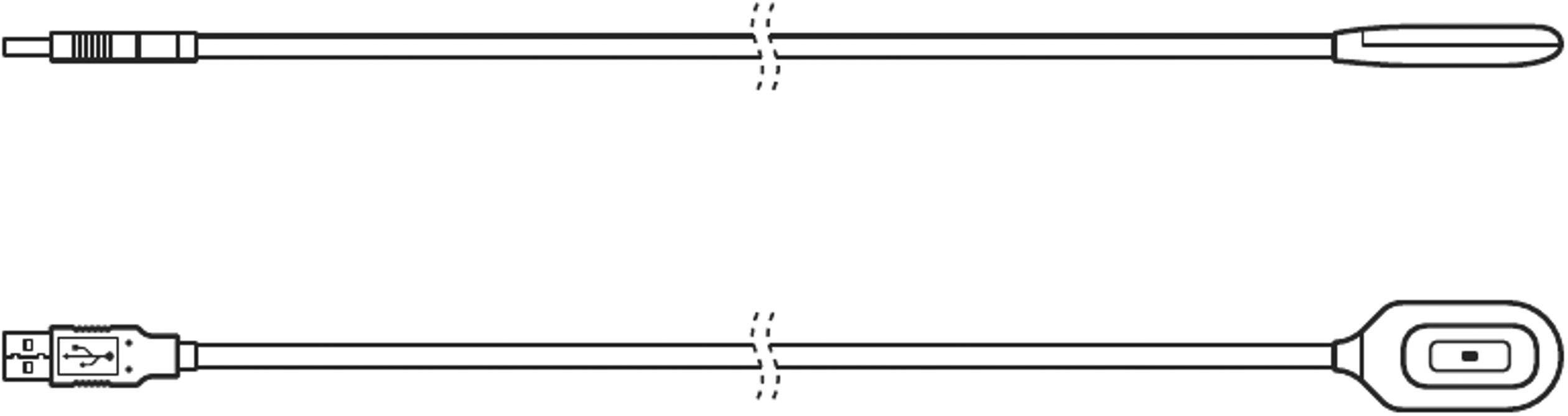 Zwei Kabel: Oben ein langes dünnes Kabel mit einem ovalen Ende, unten ein Kabel mit einem USB-Stecker und rechteckigem Endstück.