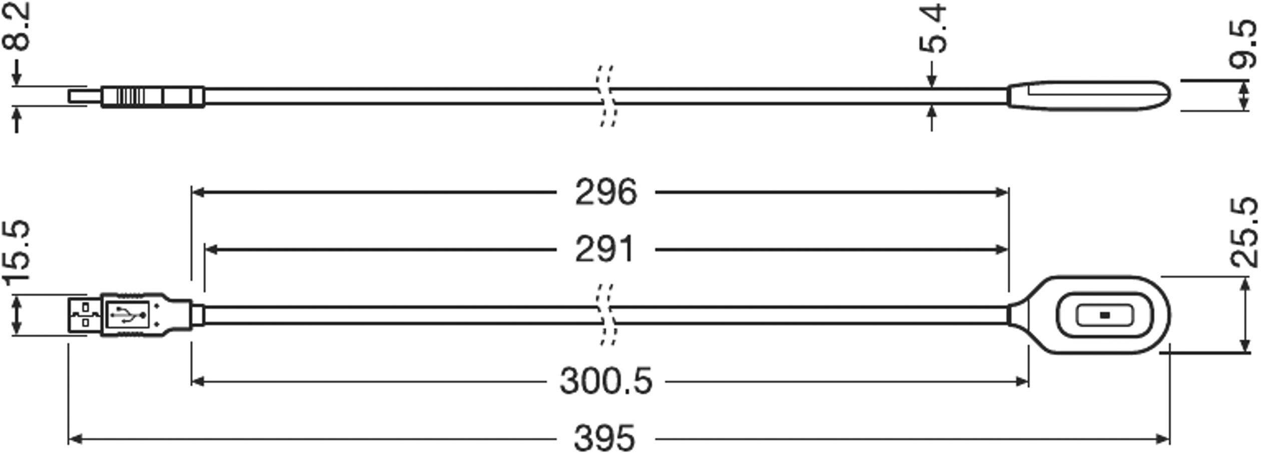 Diagramm eines Kabels mit Abmessungen: 296 mm, 291 mm, 300,5 mm und 395 mm. Einzelne Komponenten sind mit Größen wie 15,5 mm, 9,5 mm markiert.