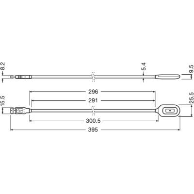 Diagramm eines Kabels mit Abmessungen: 296 mm, 291 mm, 300,5 mm und 395 mm. Einzelne Komponenten sind mit Größen wie 15,5 mm, 9,5 mm markiert.