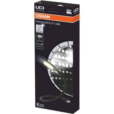 Verpackung einer OSRAM LED-Lampe, Modell 'ONYX COPILOT USB'. Abgebildet ist die Lampe vor einem stilisierten Scheinwerferdesign.