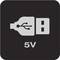 Symbol eines USB-Steckers mit Pfeil, zeigt 5V an, was auf die Spannung für Aufladen oder Datenübertragung hinweist.