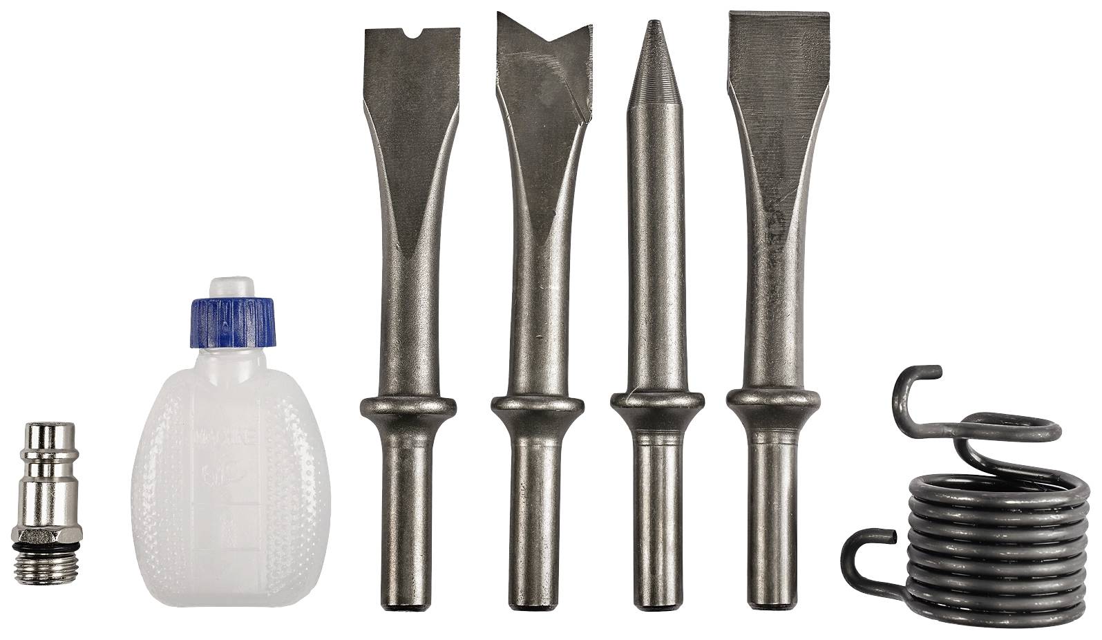 Fünf Metallwerkzeuge mit unterschiedlichen Spitzen, eine Ölflasche, ein Anschlussstück und eine Metallfeder in einem Set angeordnet.