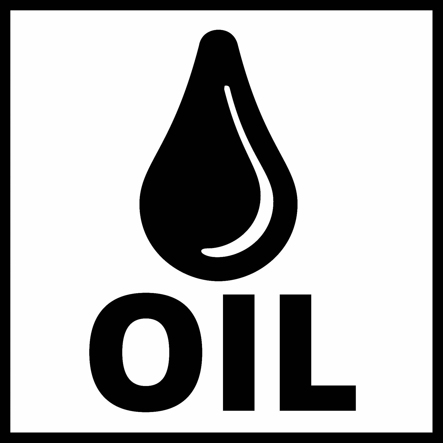 Schwarz-weiße Grafik zeigt einen stilisierten Öltropfen über dem Wort 'OIL' in großen Buchstaben. Symbol für Ölprodukte.