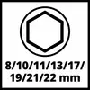 'Ein sechseckiges Symbol über der Liste von Größenangaben: 8/10/11/13/17/19/21/22 mm.'