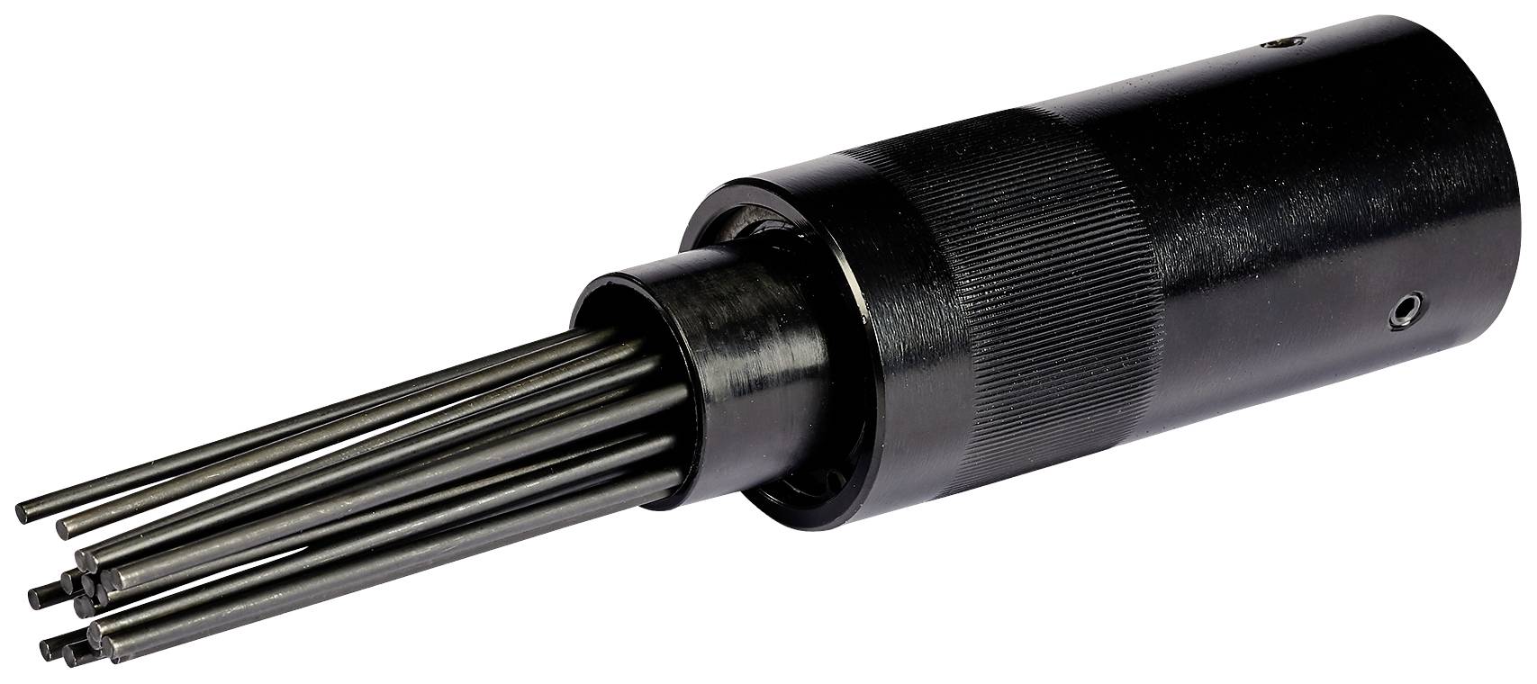 Ein schwarzes, zylindrisches Werkzeug mit hervorstehenden Metallstäben auf einer Seite. Es dient wahrscheinlich als Nadel-Entschichter.