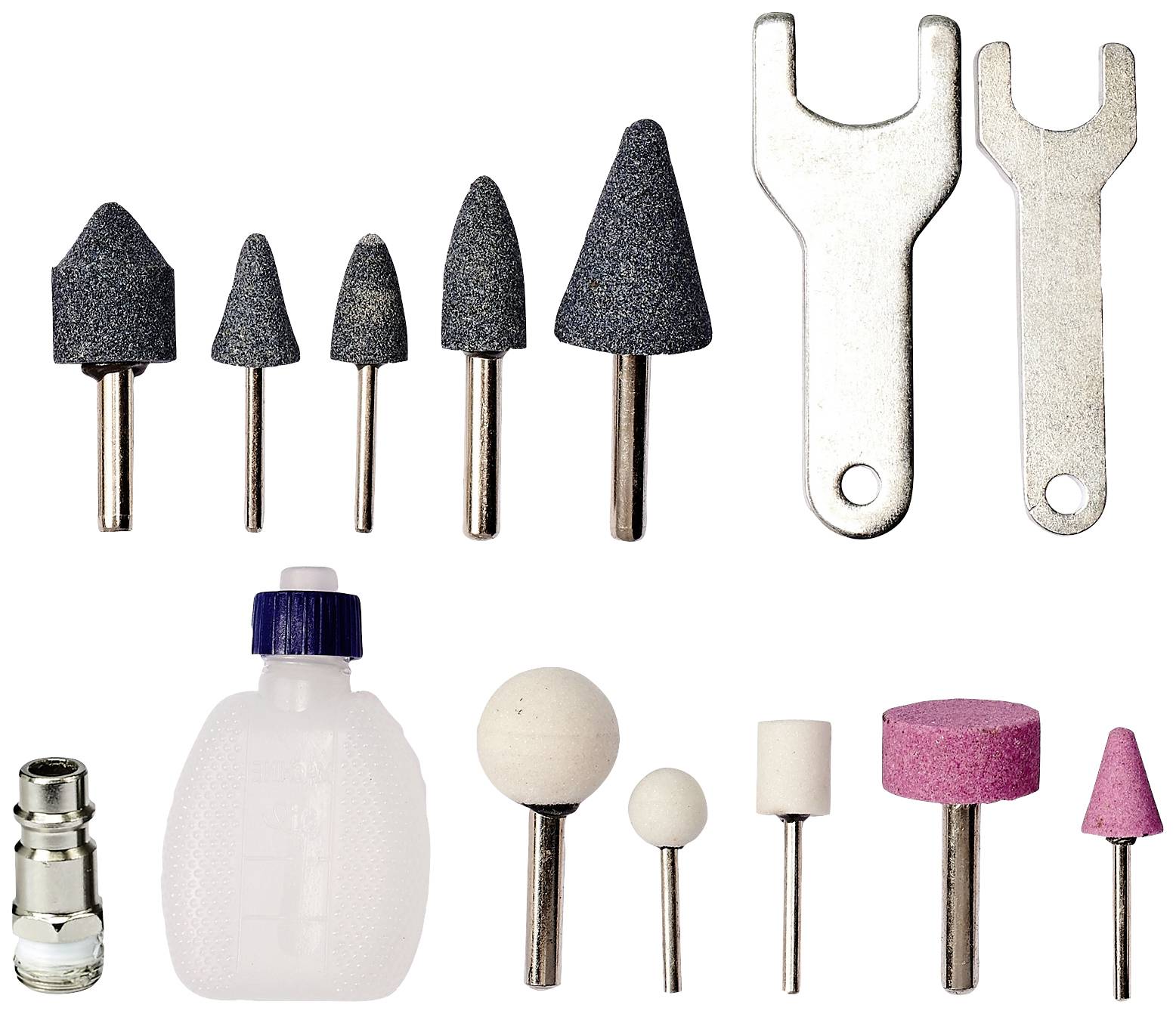 Ein Set aus Schleifaufsätzen und Werkzeugen für eine Bohrmaschine, darunter Schleifsteine in verschiedenen Formen und Größen sowie zwei Schraubenschlüssel.