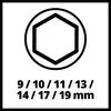 'Bild einer sechseckigen Form mit den Größenangaben: 9 / 10 / 11 / 13 / 14 / 17 / 19 mm.'