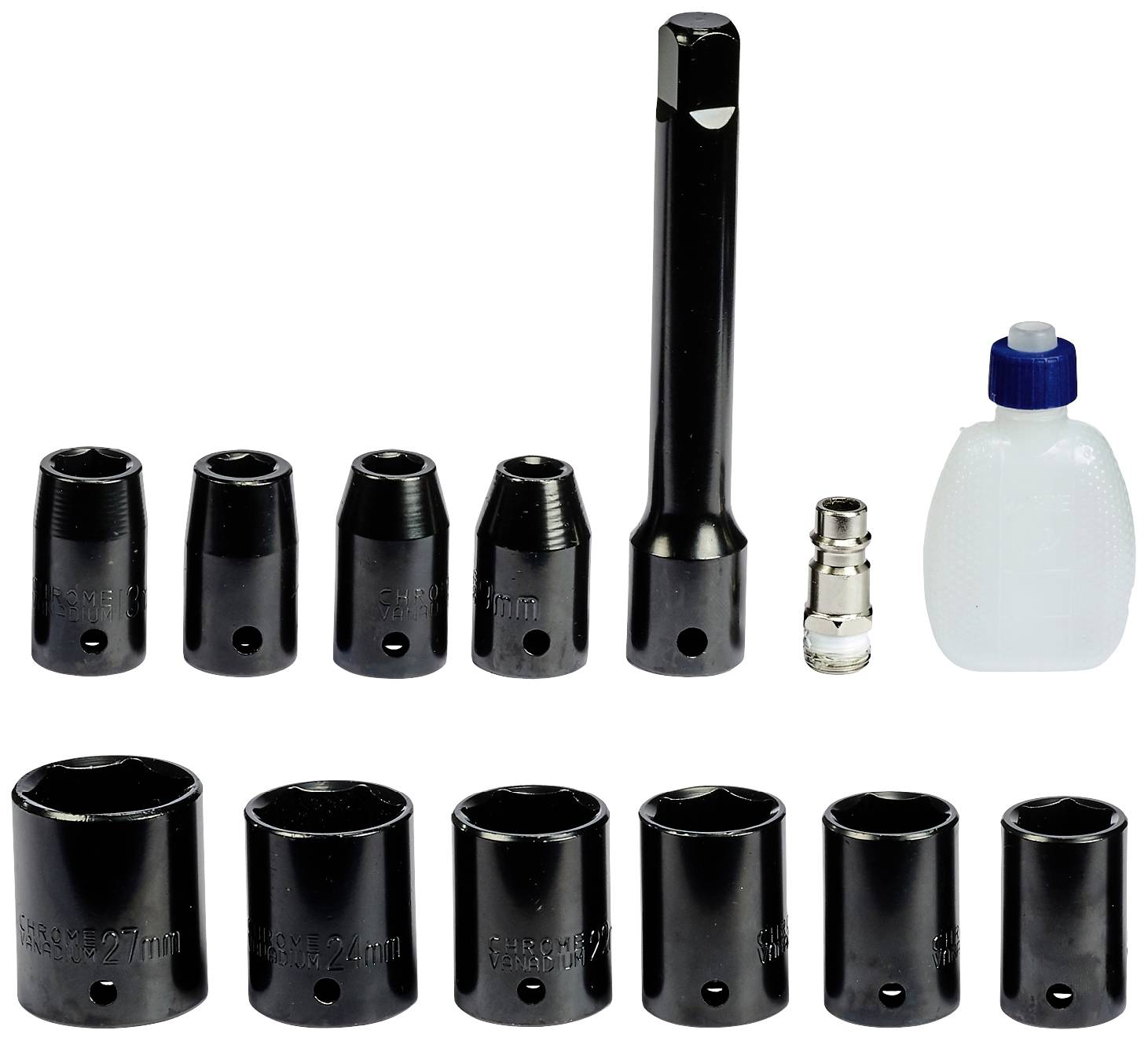 Ein Satz von zehn schwarzen Stecknüssen in verschiedenen Größen, mit einem Stecknuss-Verlängerungsstab, einem Adapter und einer kleinen Kunststoffflasche.