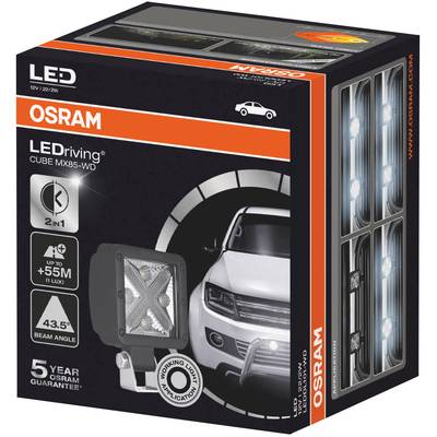 Verpackung einer OSRAM LED-Fahrzeugleuchte mit Bild eines Fahrzeugs, Produktinformationen und Highlights wie '5 Jahre Garantie'.