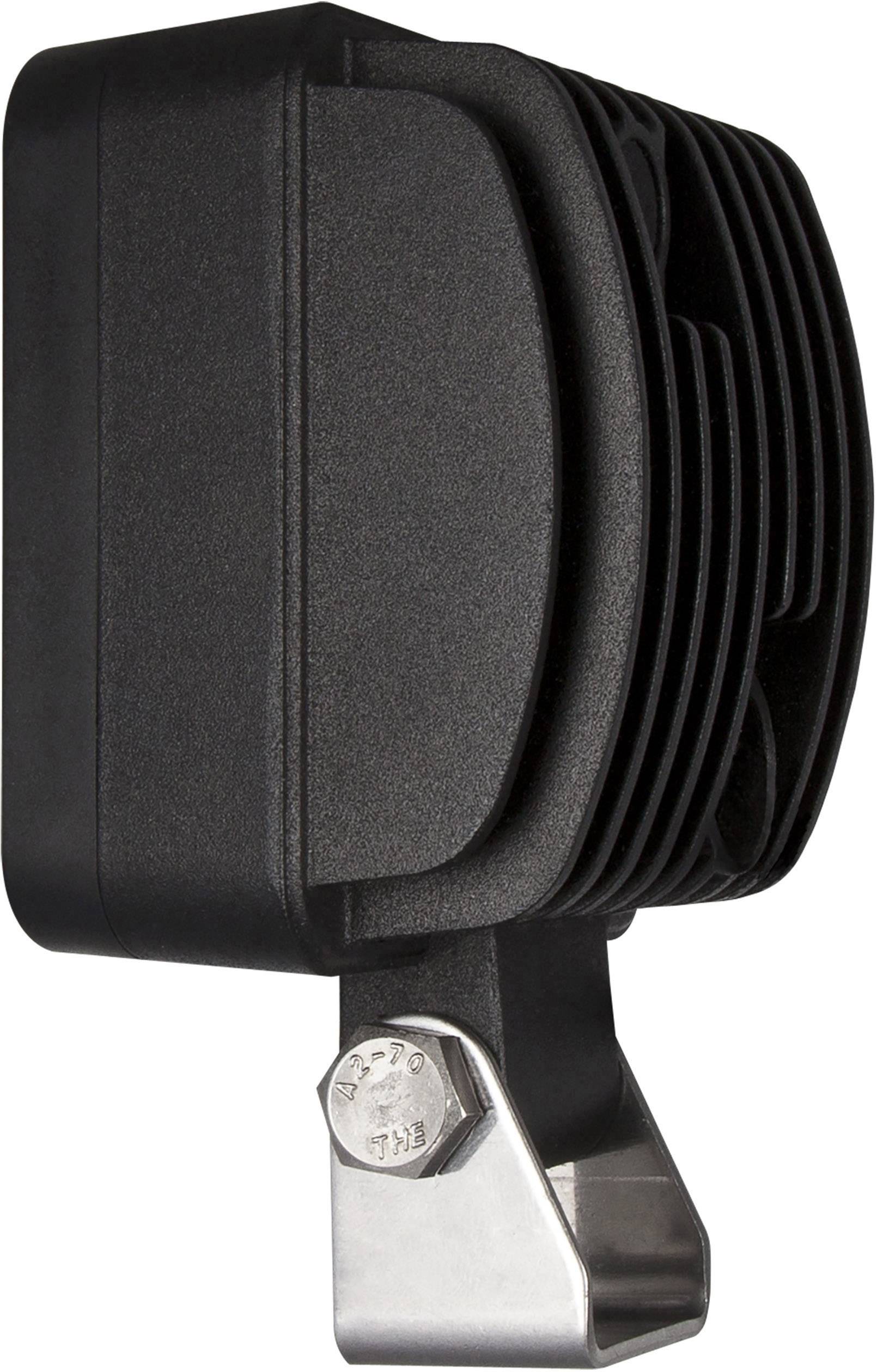 Schwarzer LED-Arbeitsscheinwerfer seitlich gezeigt, mit einem robusten Gehäuse und einer Metallschraube unten zur Befestigung.