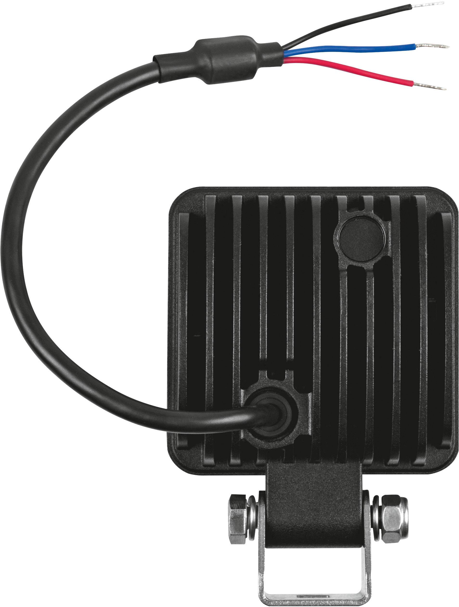 Schwarzer LED-Strahler mit Kabeln in Blau, Rot und Schwarz, montierbar mit Schrauben. Geeignet für technische Beleuchtungsanwendungen.