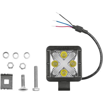 LED-Arbeitslicht mit vier gelben Linsen, schwarzem Gehäuse und drei Anschlussdrähten. Inklusive Montagematerial wie Schrauben und Muttern.