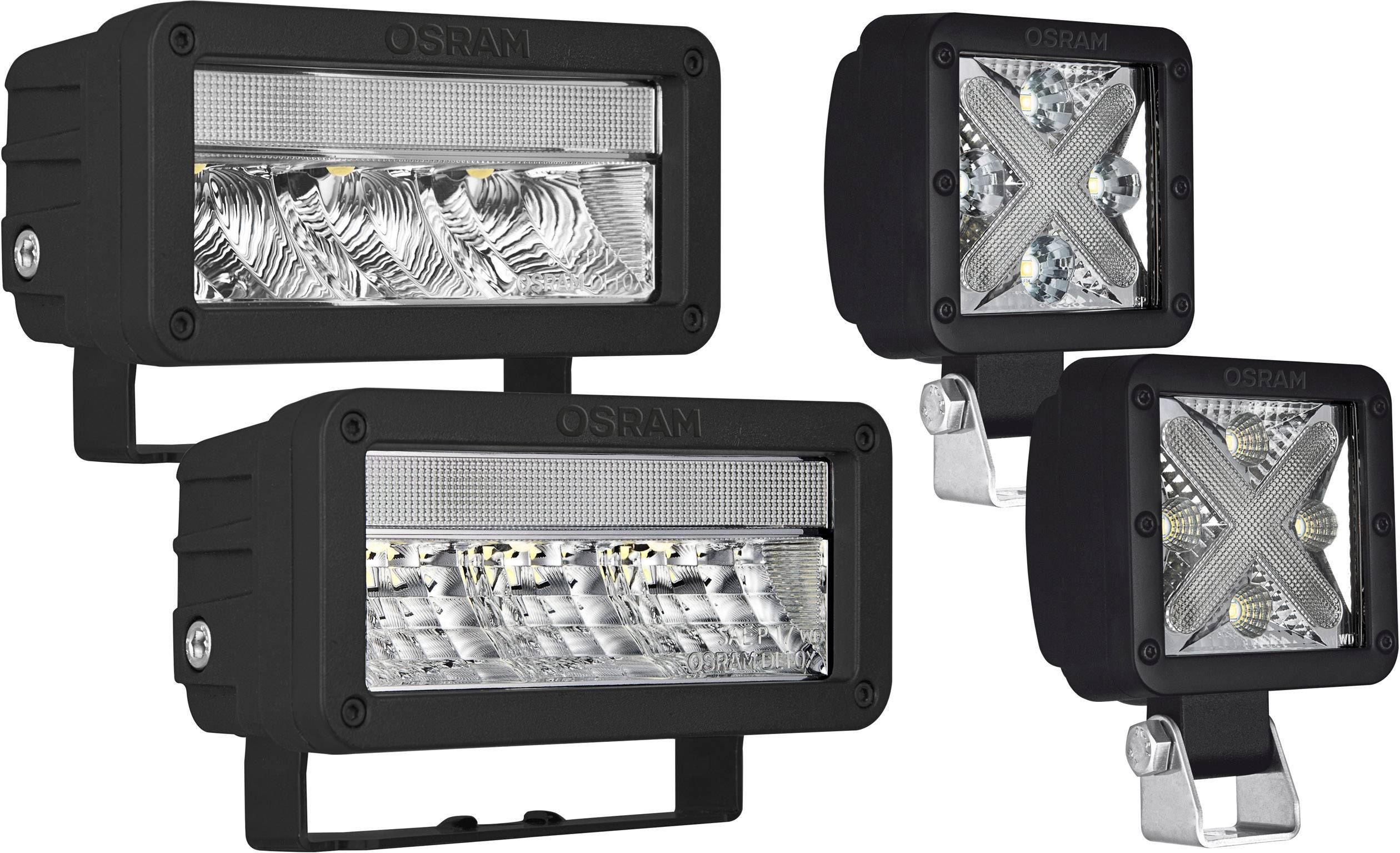 Vier quadratische LED-Arbeitsleuchten in schwarz; zwei mit Kreuzdesign und zwei mit parallel verlaufenden Linien.