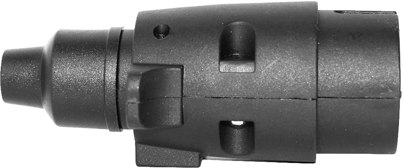 Ein schwarzer Kunststoffadapter mit mehreren Anschlüssen und Öffnungen, vermutlich als Verbindungselement in einem technischen Gerät.