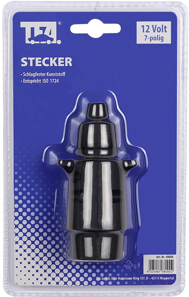 'Stecker' Verpackung mit schwarzem Kunststoffstecker, 12 Volt, 7-polig. Entspricht ISO 1724. Blauer Hintergrund, obere linke Ecke Logo.