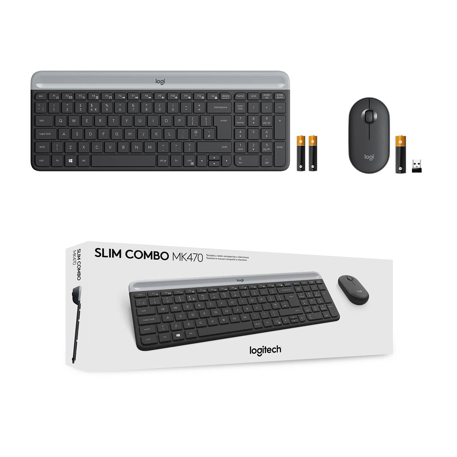 Drahtlose Logitech Slim Combo MK470 Tastatur und Maus in Schwarz mit kompaktem Design, Batterien und USB-Empfänger abgebildet.