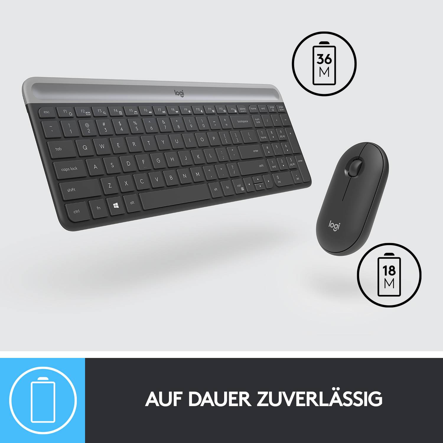 Eine drahtlose Tastatur und Maus in Schwarz mit Batterielaufzeitsymbolen. Text: 'Auf Dauer zuverlässig'. Tastatur: 36 Monate; Maus: 18 Monate.