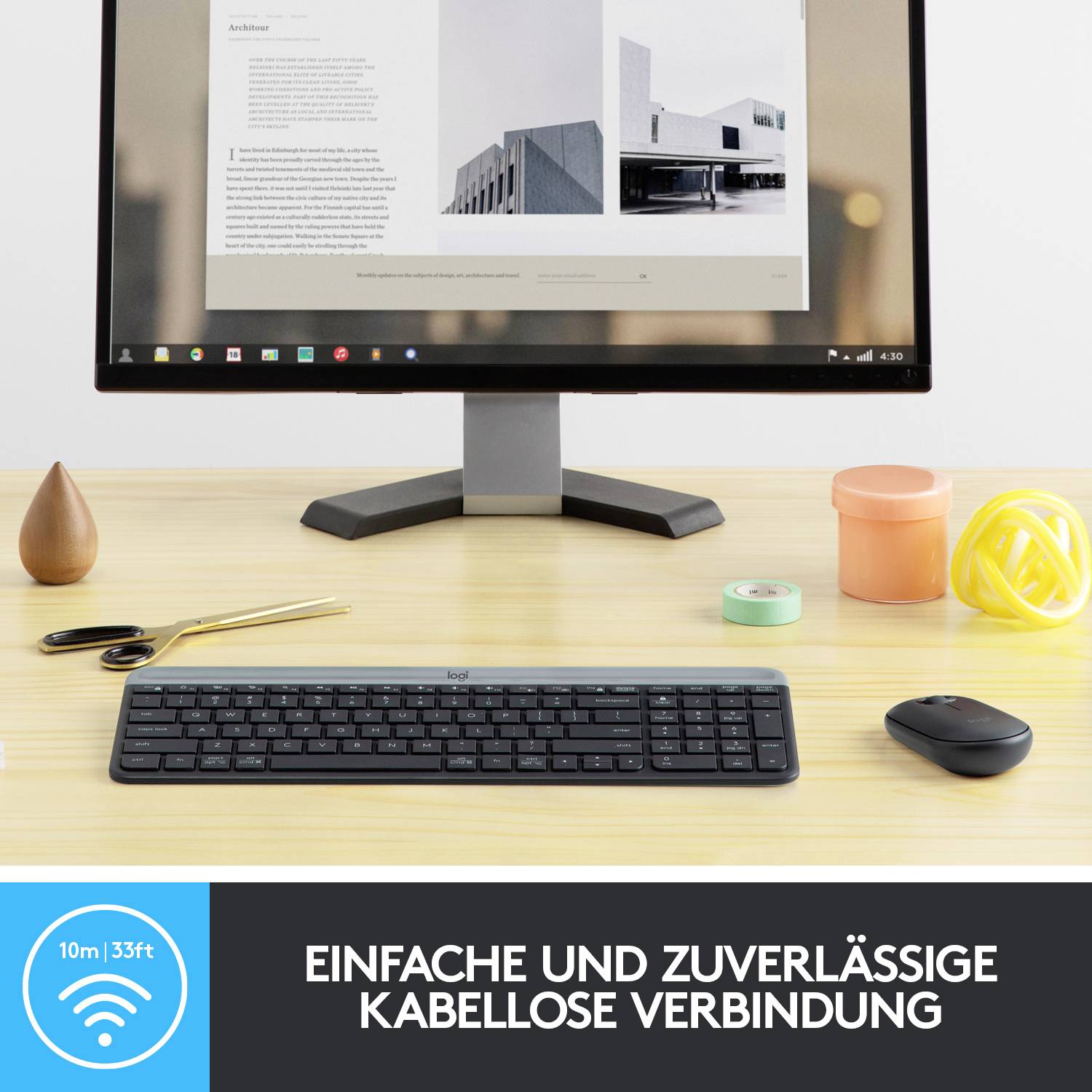 Ein Computermonitor zeigt eine Webseite auf einem Schreibtisch mit Tastatur und Maus. Text auf dem Bild sagt: 'Einfache und zuverlässige kabellose Verbindung'.