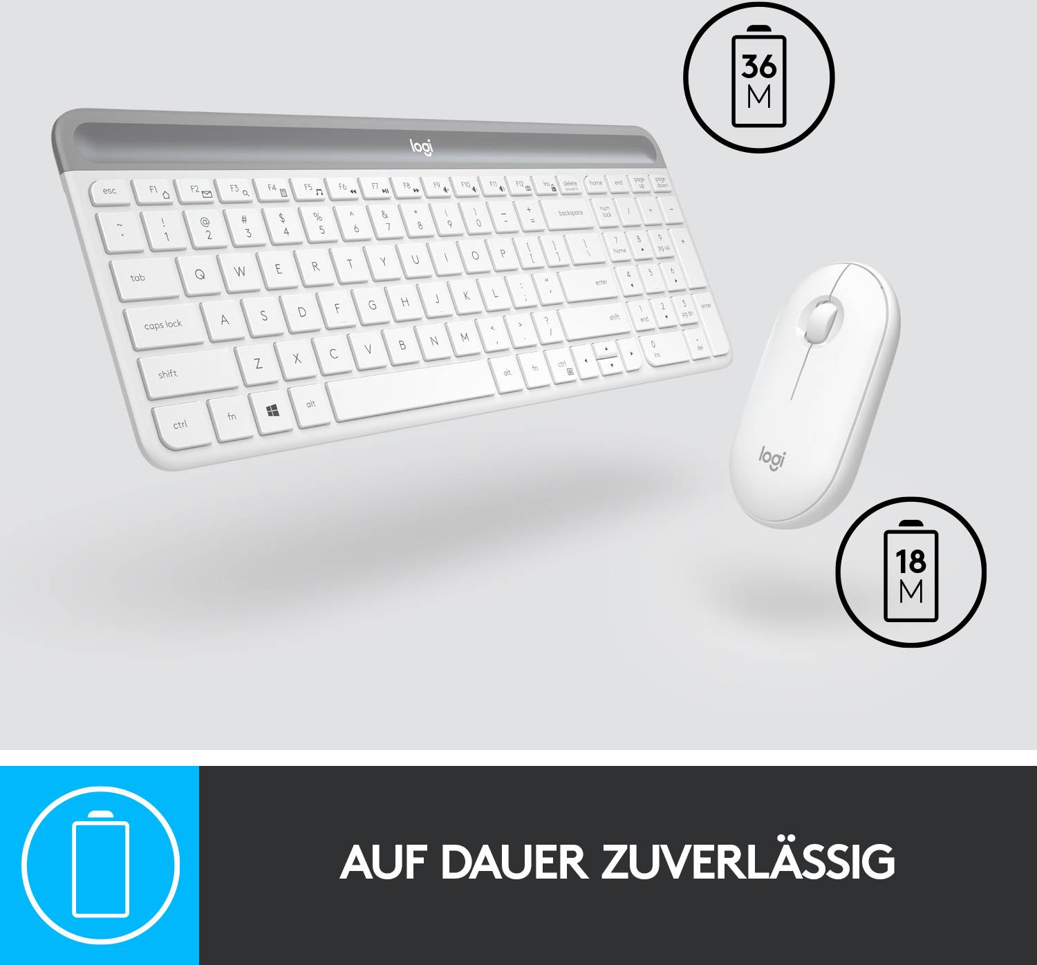 Kabellose weiße Tastatur und Maus mit einem Akkusymbol; Tastatur hat eine Lebensdauer von 36 Monaten, Maus von 18 Monaten. Text: 'Auf Dauer zuverlässig'.