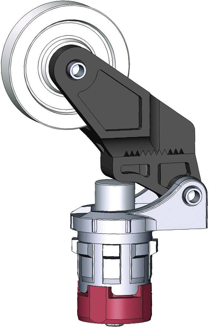 Technische Zeichnung eines Spannhebels mit Rändelrad und rotem Sockel.