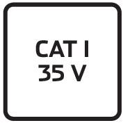 'CAT I 35 V' in weißer Schrift auf schwarzem Hintergrund, innerhalb eines weißen Rahmens.