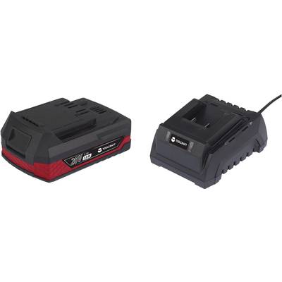 Akkuladegerät mit 20V Akku, schwarz-rot. Akku links mit Aufschrift '20V', Ladegerät rechts mit Stromkabel.