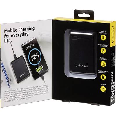 'Intenso Powerbank im offenen Karton mit der Aufschrift: Mobile charging for everyday life. Anzeige mit Ladeprozentsatz und techn. Daten.'