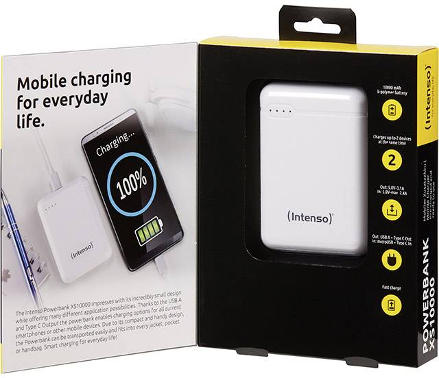 'Intenso' Powerbank-Verpackung: Zeigt die Powerbank neben einem Smartphone mit der Anzeige '100% geladen'. Text: 'Mobile charging for everyday life'.