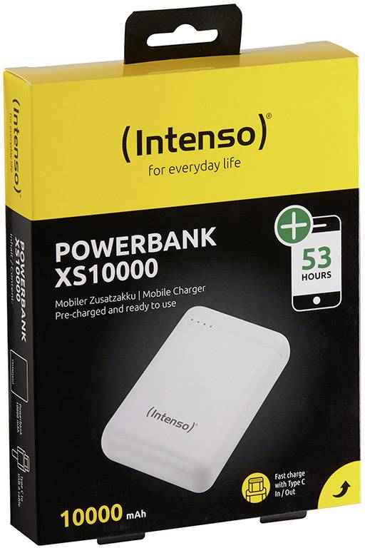 Powerbank-Verpackung von Intenso mit Modell 'XS10000', zeigt Kapazität von 10.000 mAh, mit USB-C und 53 Stunden Ladezeit.