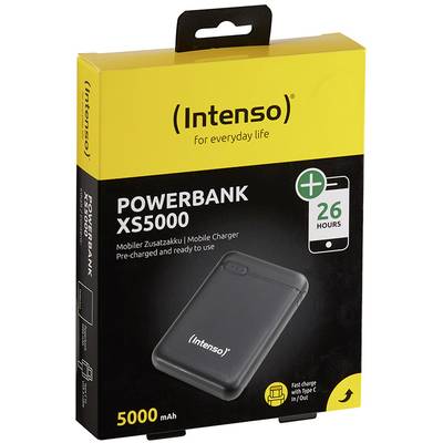 'Intenso Powerbank XS5000', gelbe Verpackung. 5000 mAh, schnellladefähig mit USB-C und Micro USB, bis zu 26 Stunden Ladezeit.