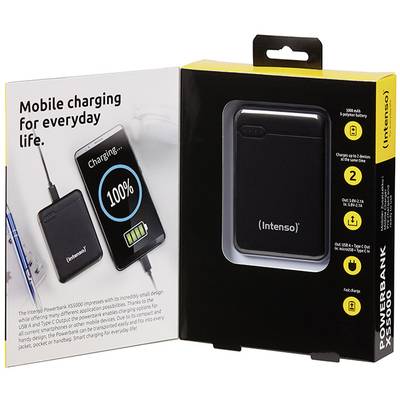 Verpackung einer Intenso Powerbank mit Ladeanzeige auf einem Smartphone. Text: 'Mobile charging for everyday life.' Kapazität: 5000 mAh.