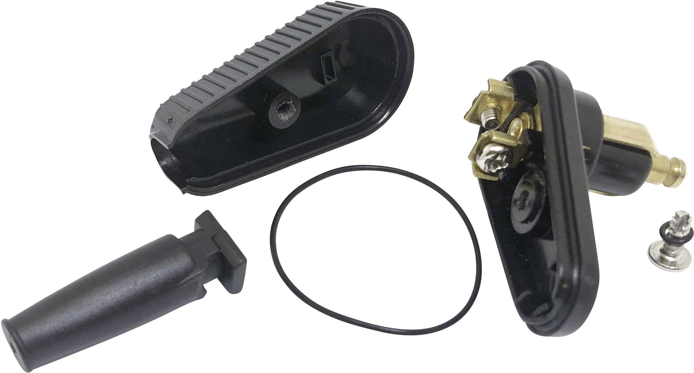 Ein zerlegter schwarzer Kunststoff-Stecker mit Schrauben, Dichtung und Schutzhülle, dargestellt auf weißem Hintergrund.